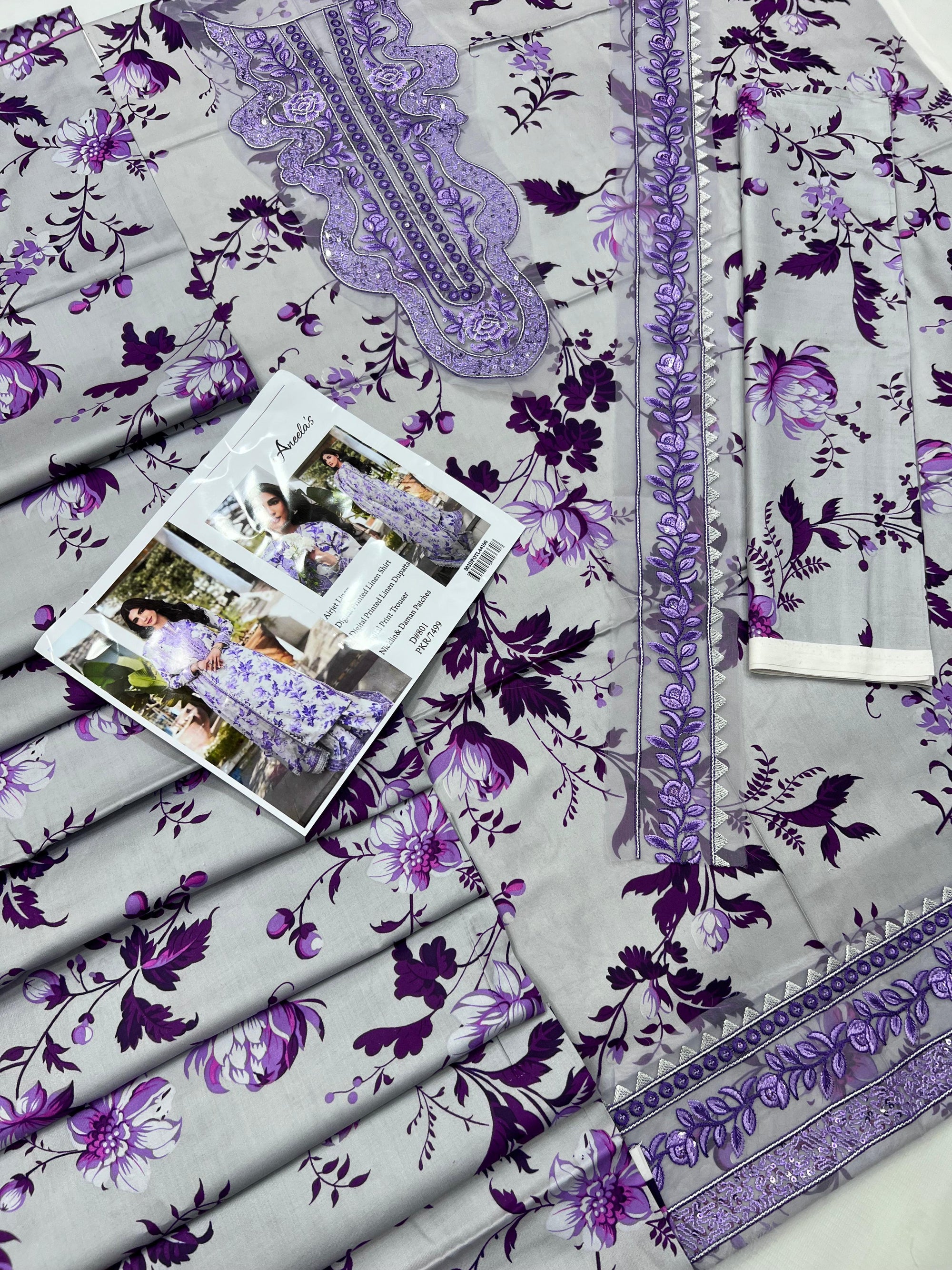 3 Piece Embroidered Linen Suit Unstitched | HEW-32