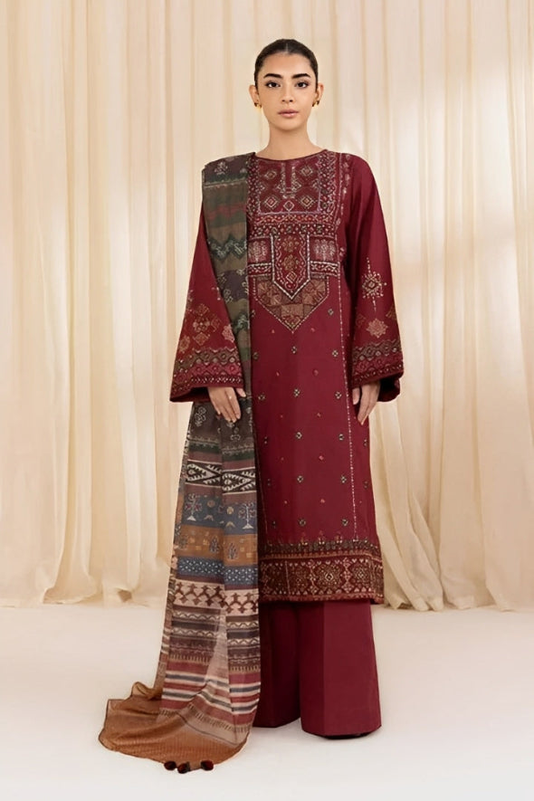 3 Piece Embroidered Dhanak Suit Unstitched | HEW-566