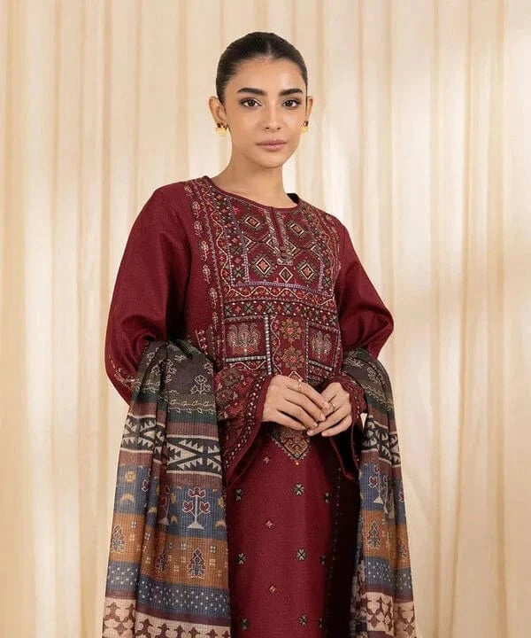 3 Piece Embroidered Dhanak Suit Unstitched | HEW-566