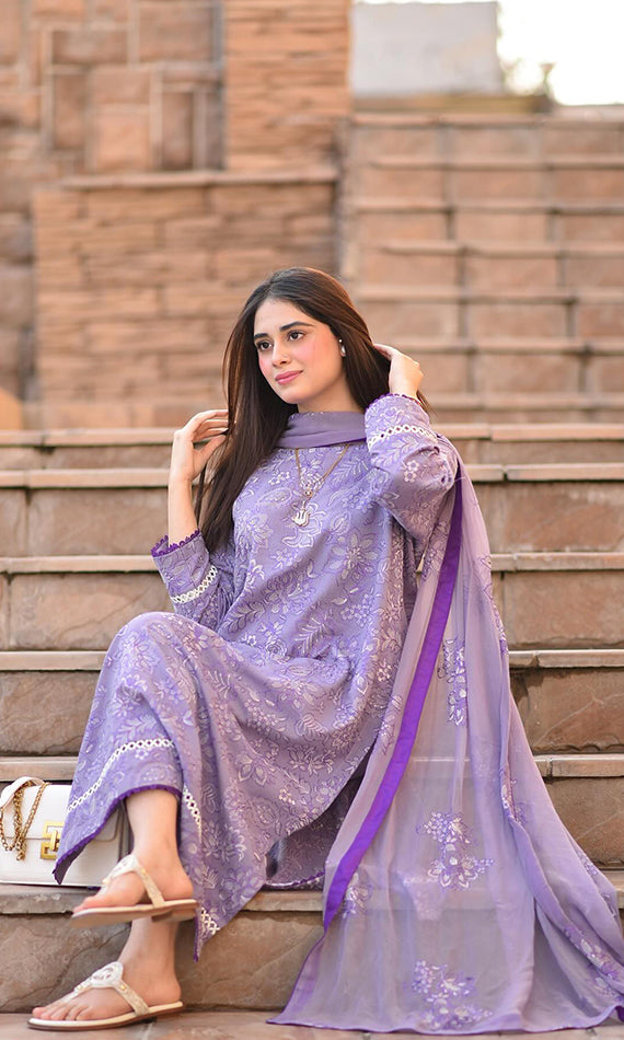 3 Piece Embroidered Dhanak Suit Unstitched | HEW-48
