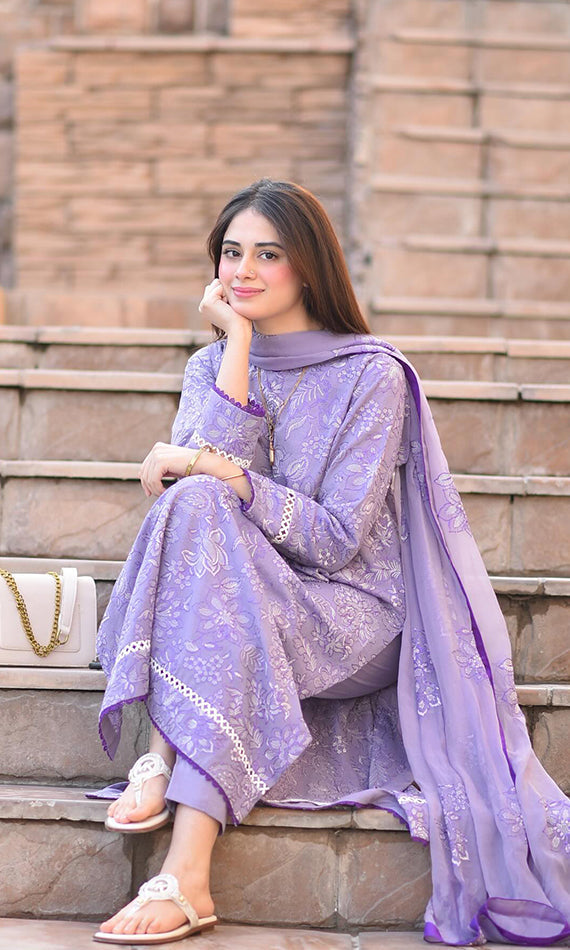3 Piece Embroidered Dhanak Suit Unstitched | HEW-48