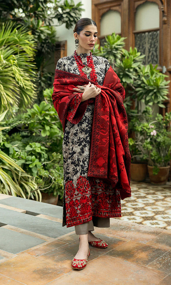3 Piece Embroidered Linen Suit Unstitched | HEW-34