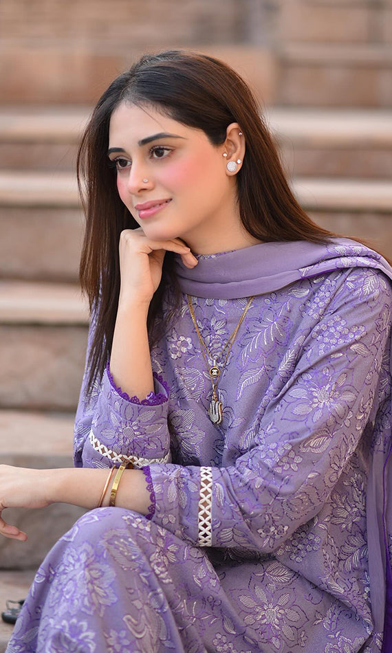3 Piece Embroidered Dhanak Suit Unstitched | HEW-48