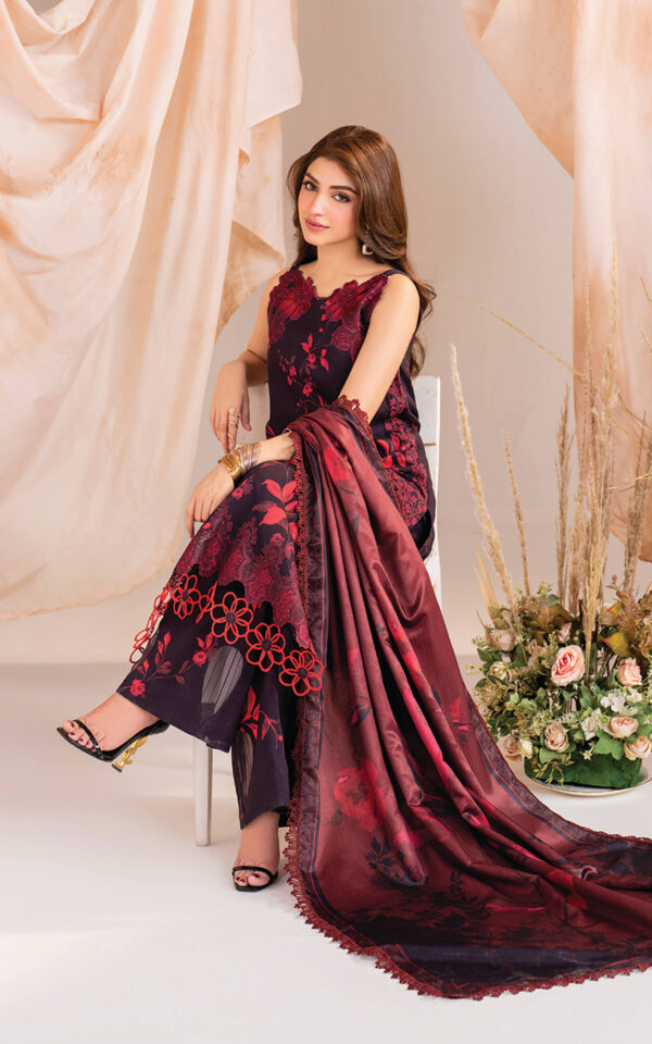 3 Piece Embroidered Linen Suit Unstitched | HEW-11