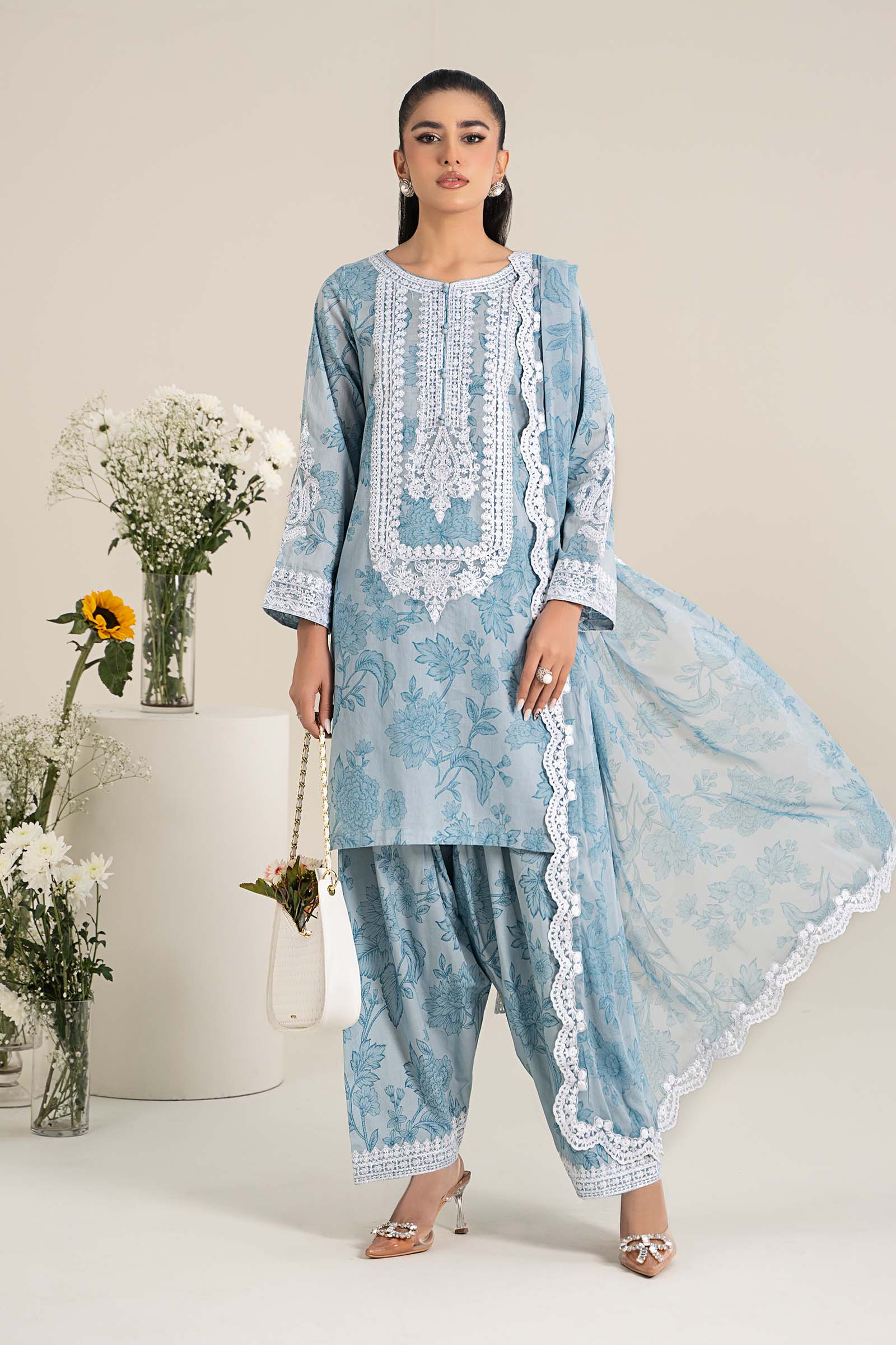 3 Piece Embroidered Linen Suit Unstitched | HEW-12