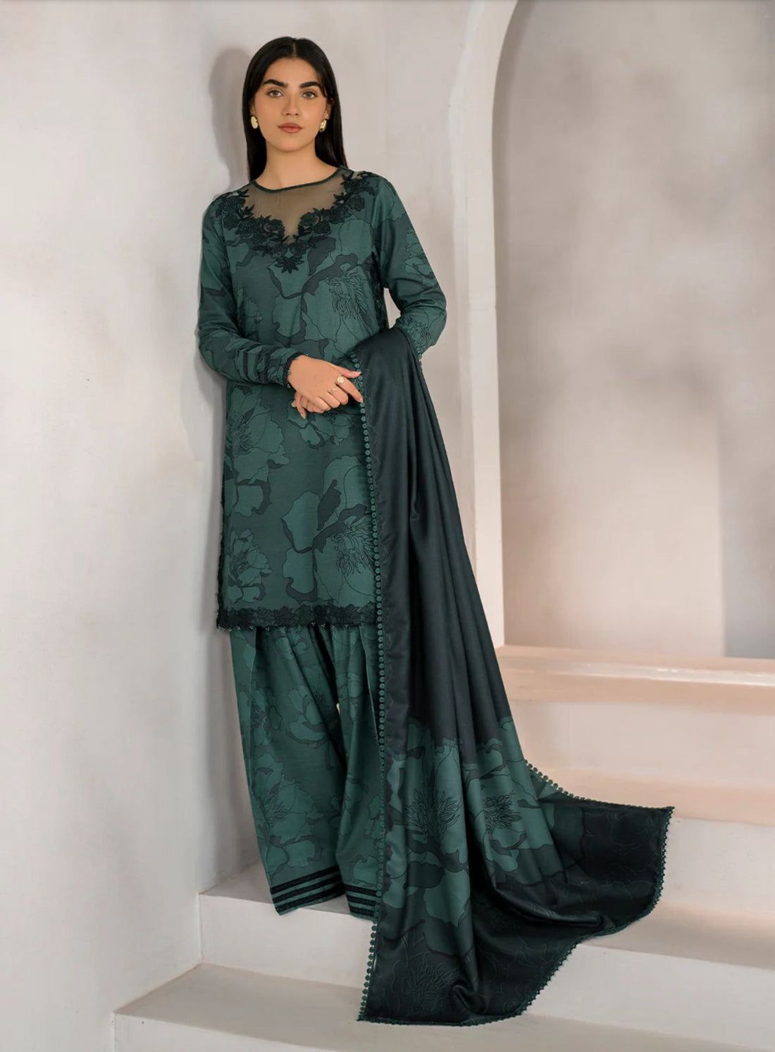3 Piece Embroidered Linen Suit Unstitched | HEW-14