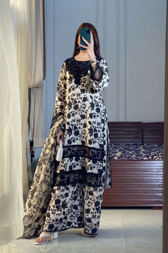 3 Piece Embroidered Silk Suit Unstitched | HEW-19