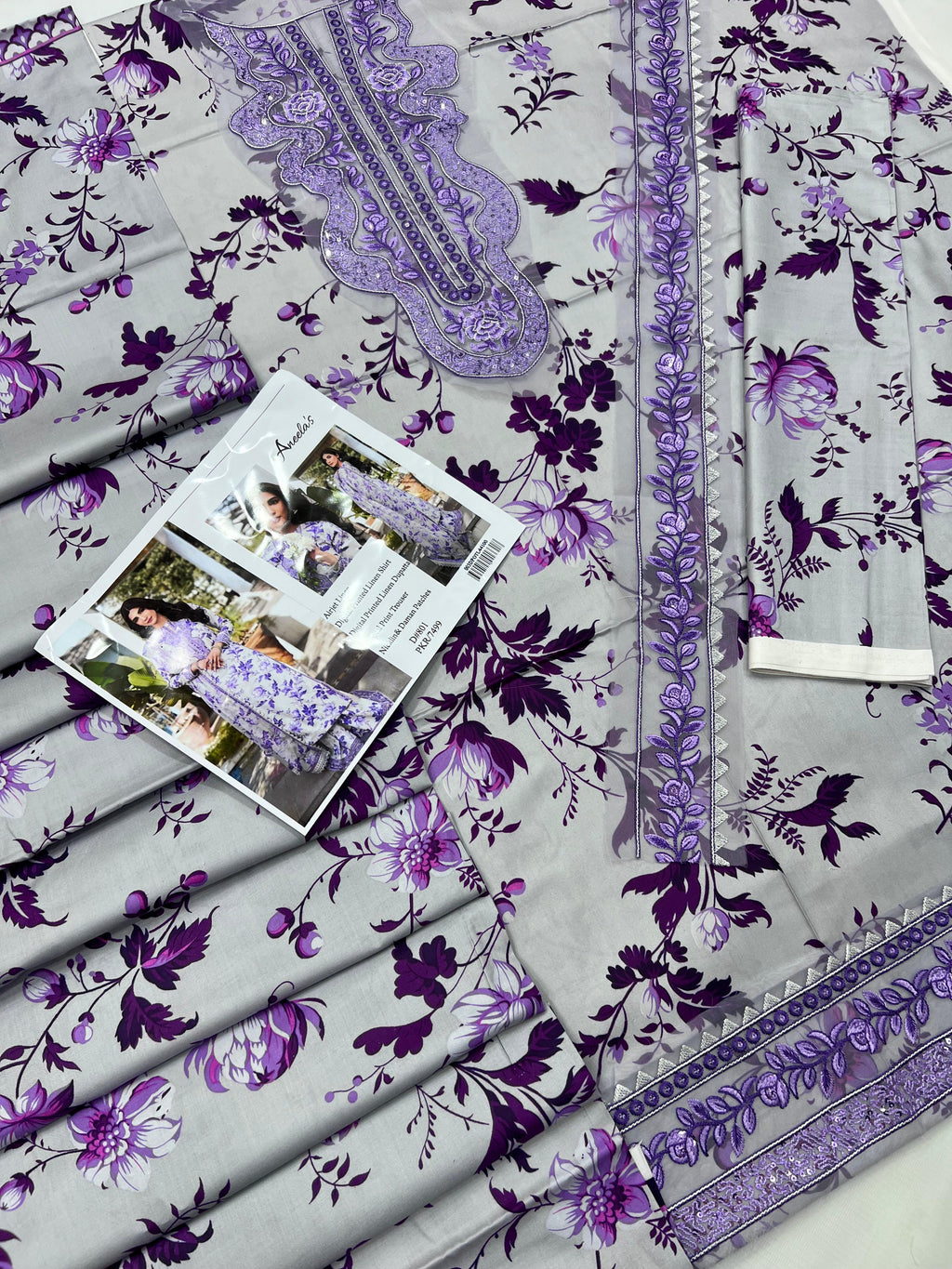 3 Piece Embroidered Linen Suit Unstitched | HEW-32