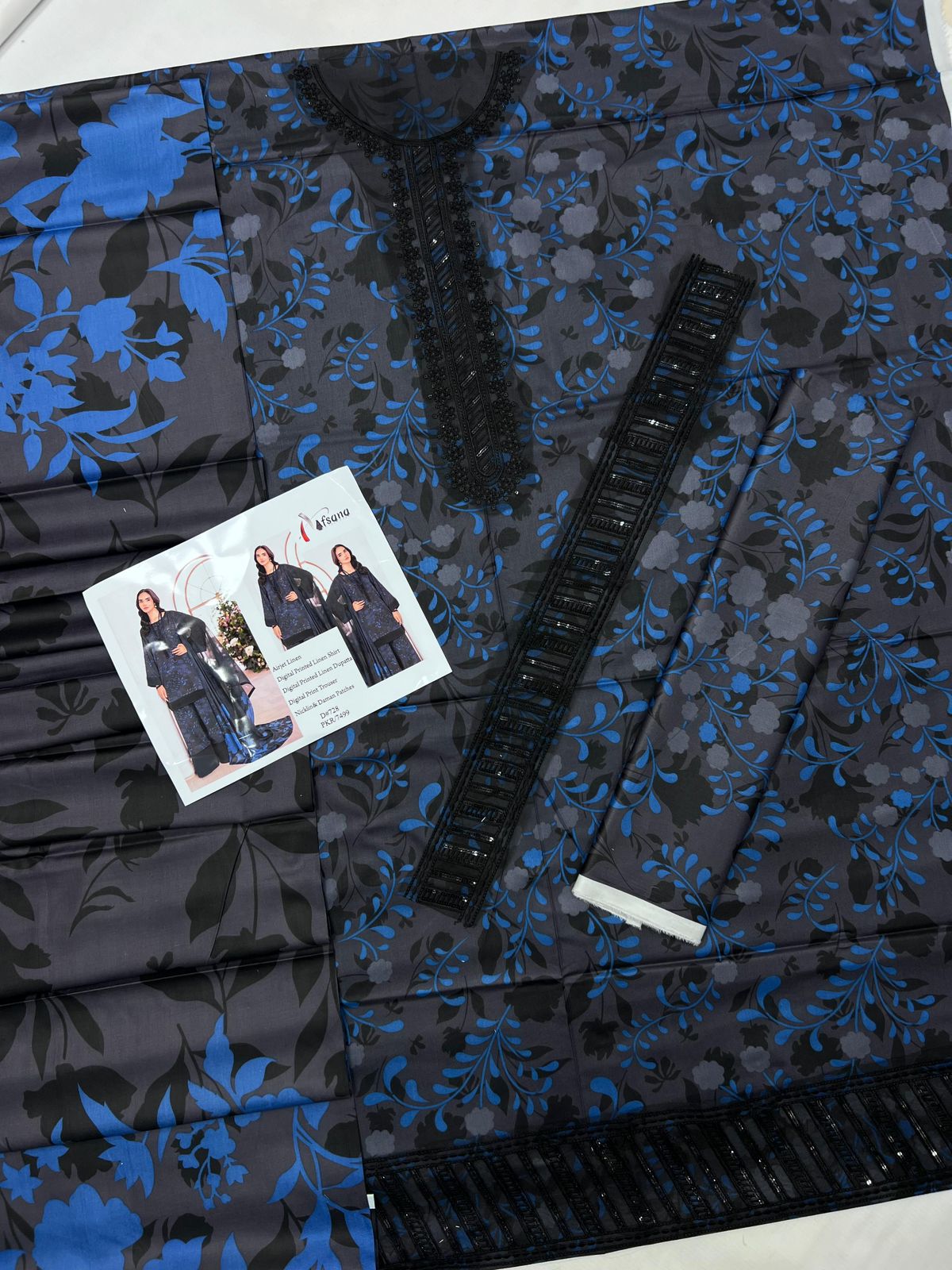 3 Piece Embroidered Linen Suit Unstitched | HEW-76