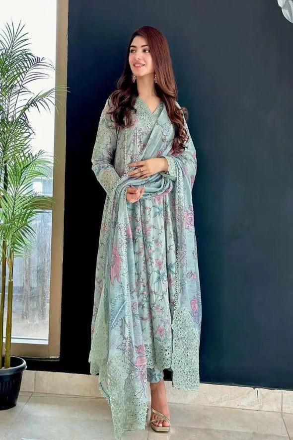 3 Piece Embroidered Linen Suit Unstitched | HEW-01