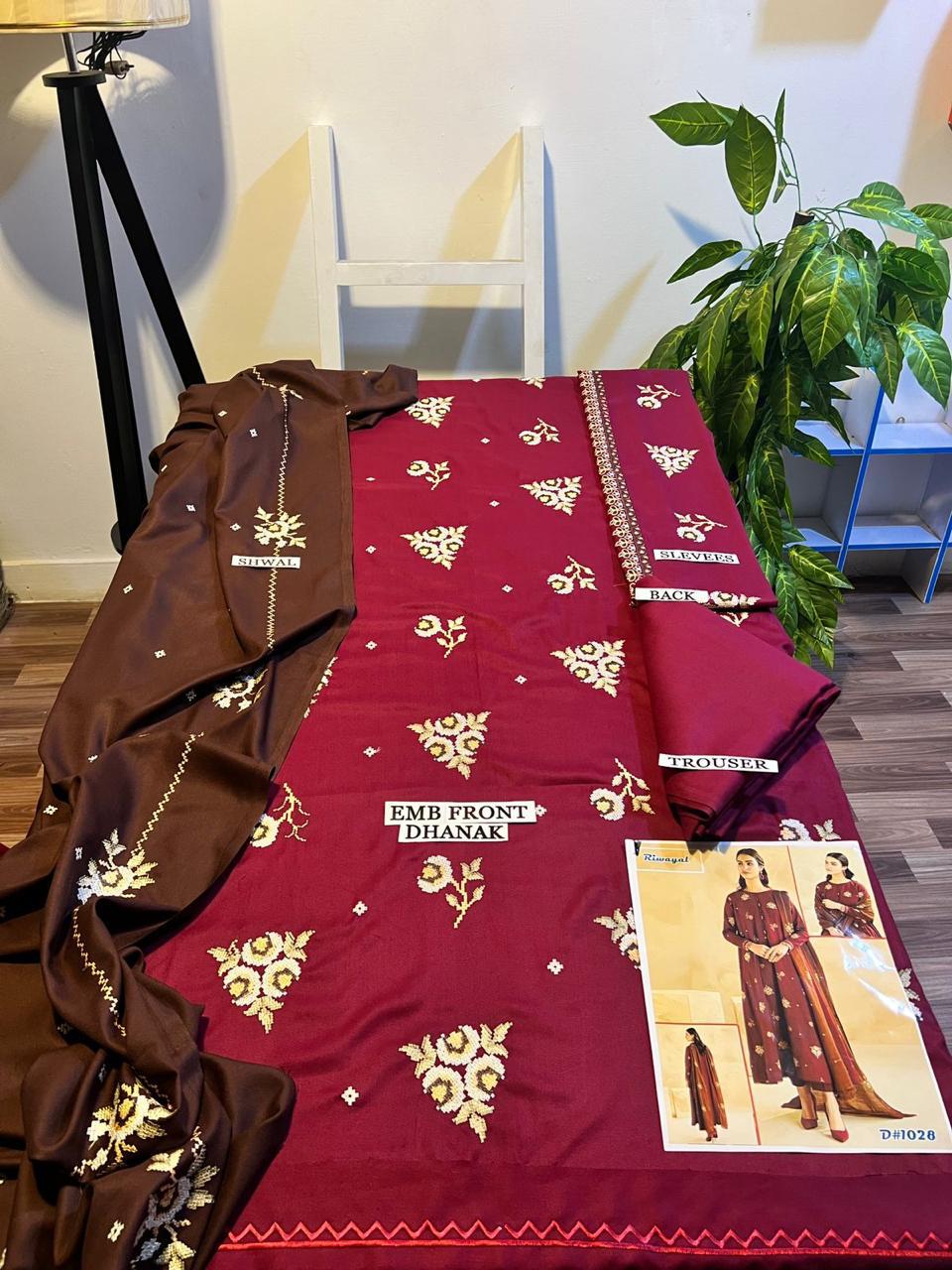 3 Piece Embroidered Dhanak Suit Unstitched | HEW-30
