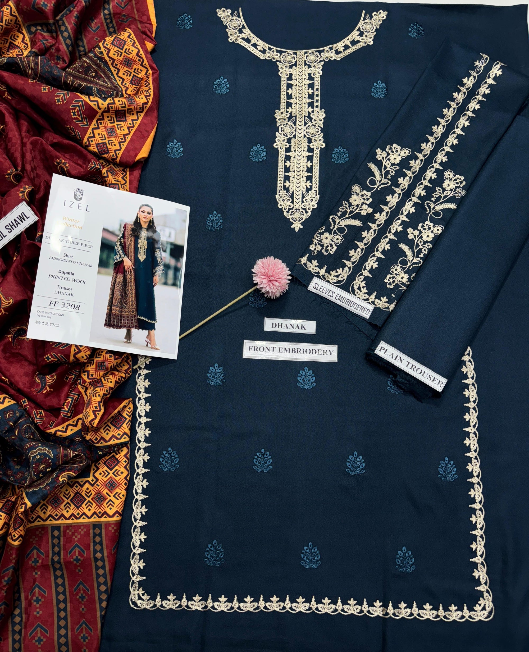 3 Piece Embroidered Dhanak Suit Unstitched | HEW-02