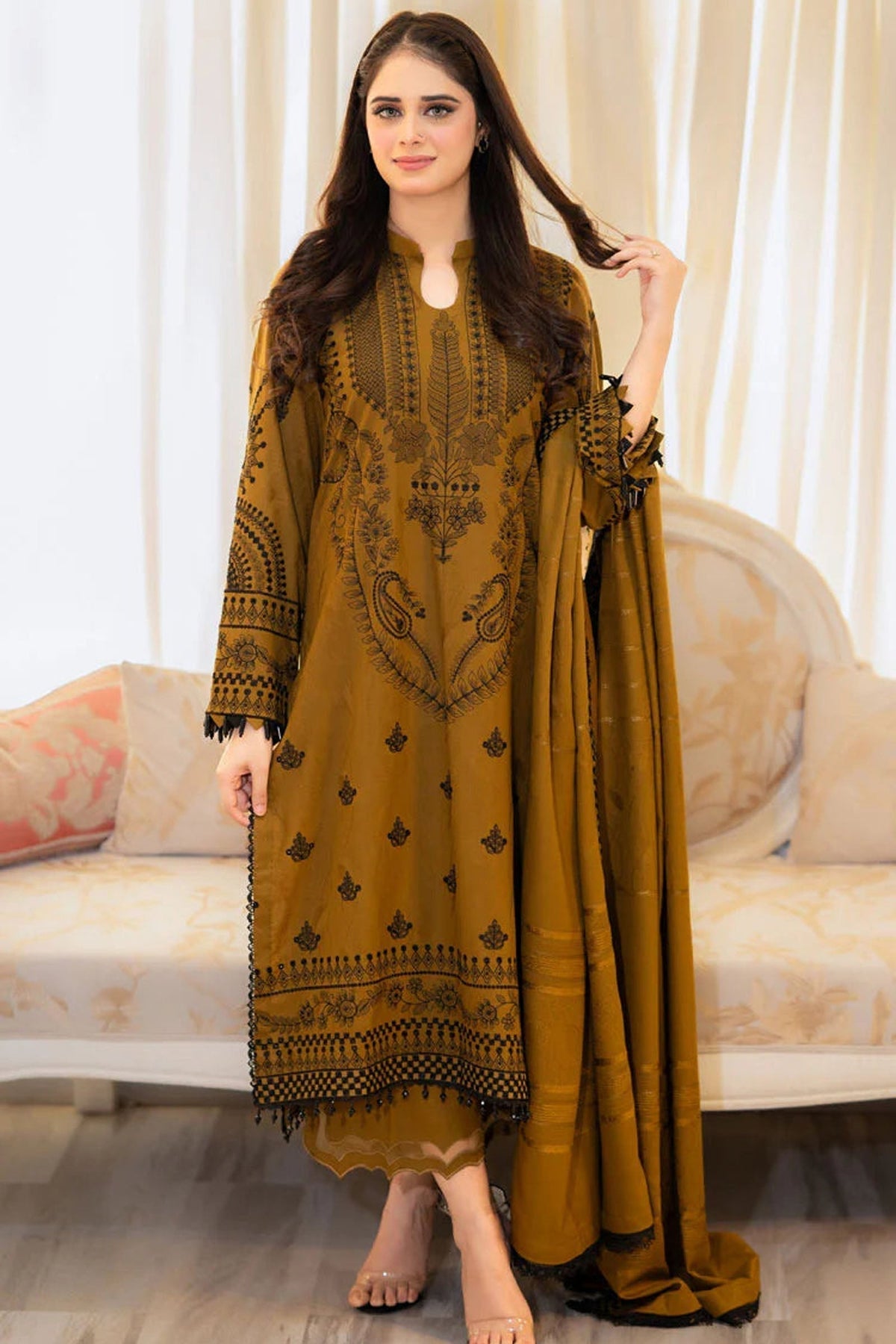 3 Piece Embroidered Dhanak Suit Unstiched | HEW-55